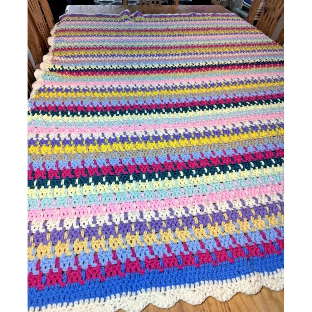 Hand Crochet Afghan Blanket Throw Red Green Blue Yellow Pink Purple